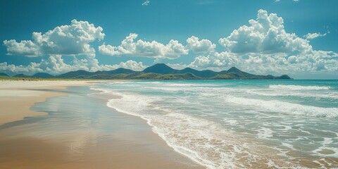 Poster - Tranquil Beach Scene with Lush Green Hills and Blue Sky