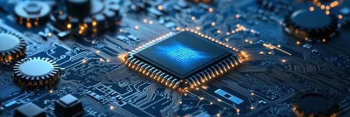 Fototapete - This close-up view highlights a microprocessor alongside gears, emphasizing the complexity and precision of modern electronic design and engineering. Generative AI