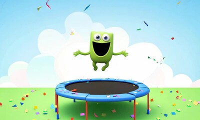 Canvas Print - Happy Monster Jumping on Trampoline