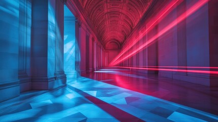 Poster - Bright red laser beams cut through a spacious museum corridor, creating dynamic patterns and striking contrasts against the walls. Generative AI