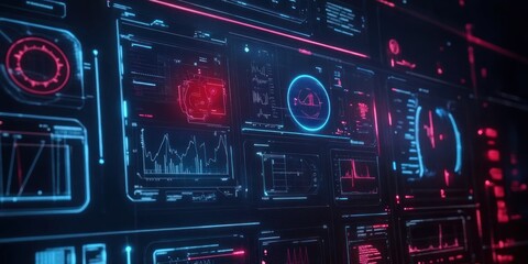 Aufkleber - Futuristic Digital Interface with Glowing Blue and Red Lines