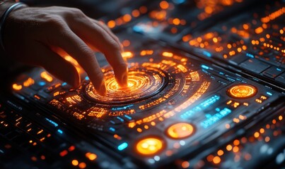 Poster - Hand Interacting with Futuristic Interface with Glowing Orange and Blue Lights