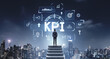 © ImageFlow - Businessman standing on stairs looking at KPI concept icons with