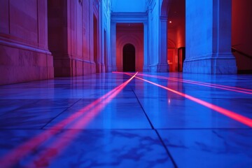 Poster - In a darkened gallery, red laser beams cross the marble floor, creating an intense contrast against the blue-lit walls and enhancing the atmosphere. Generative AI