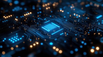 Poster - Close-up of a Blue Illuminated Circuit Board with a Central Processor