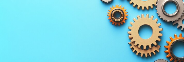 Fototapete - Various gears and a microprocessor are organized on a vibrant blue surface, highlighting their engineering sophistication and functionality. Generative AI