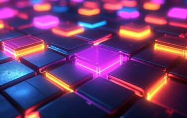 Sticker - Abstract Pattern of Glowing Cubes with Neon Lights