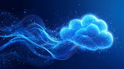 Wall Mural - futuristic blue cloud with luminous particles and flowing waves representing digital technology and 