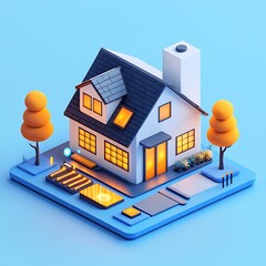 Poster - charming 3d minimalist house design with warm lights, colorful trees, and modern features on a soft 