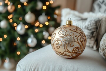 Poster - A Golden Christmas Ornament with White Swirls on a Couch