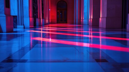 Poster - A series of bright red laser beams crisscrosses the floor, creating an artistic and dramatic effect in a dimly lit corridor. Generative AI