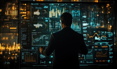Aufkleber - Silhouetted Man Analyzing Data on Large Screen with Financial Graphs and Charts
