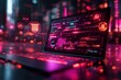 © upnowgraphics - Neon-Lit Laptop Displaying Data and Code in a Futuristic Setting