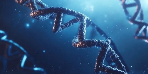 Poster - Close-up of a Double Helix DNA Strand with a Blue Background