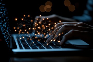Fototapete - Hands Typing on Laptop Keyboard with Glowing Network Connection