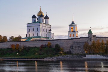 Wall Mural - The ancient Trinity Cathedral in the Pskov Kremlin on an early October morning. Pskov, Russia