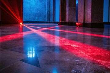 Poster - Red laser beams create a striking visual pattern across the polished floor in a dimly lit modern interior, enhancing security features. Generative AI