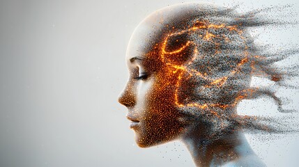 The artwork features a human head composed of an array of particles, creating a pixelated and glitched portrait representing supreme artificial intelligence