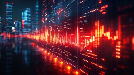 Poster - A Nighttime Cityscape with a Large Red Digital Display Showing Financial Data and Graphs