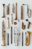 A collection of musical instruments, including saxophones, trumpets, and a