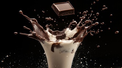 Wall Mural - A floating chocolate bar with milk and chocolate liquids splashing together