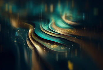 Poster - Abstract artwork featuring swirling, luminous teal and gold ribbons.  Glowing particles drift within the flowing, dark background.  The image evokes a sense of movement and depth.