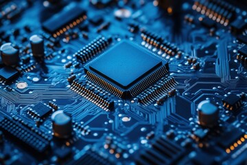 Fototapete - The setup displays a detailed arrangement of gears alongside a microprocessor on a blue circuit board, highlighting intricate design and technology. Generative AI