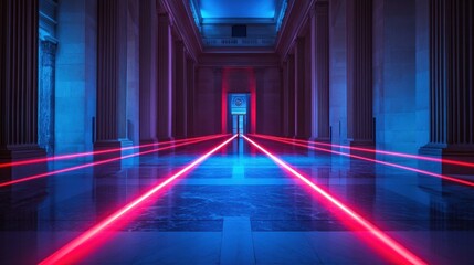 Poster - Bright red laser beams crisscross the polished floor of a contemporary hallway, enhancing the secure ambiance after dark. Generative AI