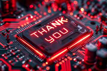 Wall Mural - futuristic red illuminated 'thank you' message on a microchip, showcasing advanced technology and ap