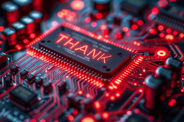 Wall Mural - intricate circuit board with glowing red 'thank' message and electronic components in close-up view