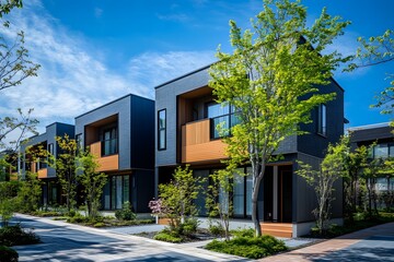 modern townhouse in Japan, with three color blocks of beige and white accented by brown, surrounded by green trees