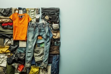 Aufkleber - A vibrant orange shirt and various jeans are arranged thoughtfully on a wall, promoting recycled clothing and sustainable fashion choices. Generative AI