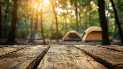 Wall Mural - Tranquil Camping Scene with Sunlight Filtering Through Trees, Featuring Tents in the Background and a Rustic Wooden Table in the Foreground