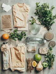 Fototapete - A sustainable project showcases various recycled and upcycled items, including clothing and natural materials, arranged artfully. Generative AI