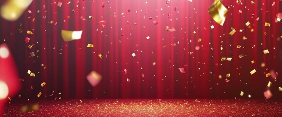 Sticker - Red stage curtain with golden confetti and shiny lights.