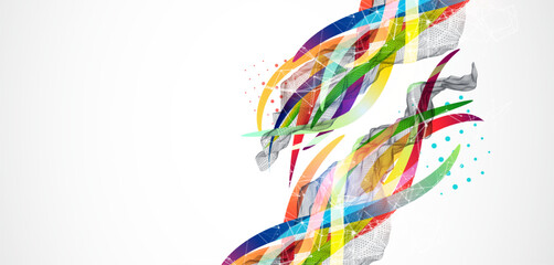 Leinwandbilder - Abstract wireframe wave with colored lines in wave style. Plexus effect. Hand drawn vector.