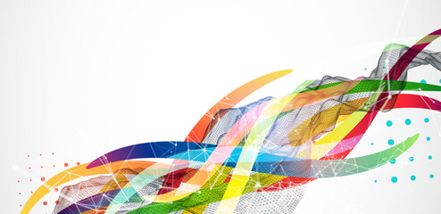 Leinwandbilder - Abstract wireframe wave with colored lines in wave style. Plexus effect. Hand drawn vector.