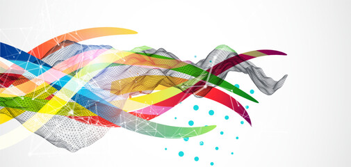 Leinwandbilder - Abstract wireframe wave with colored lines in wave style. Plexus effect. Hand drawn vector.