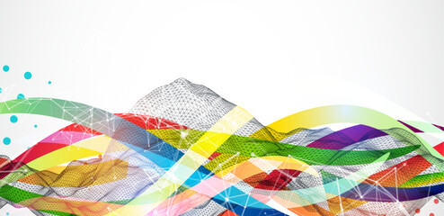 Leinwandbilder - Abstract wireframe wave with colored lines in wave style. Plexus effect. Hand drawn vector.