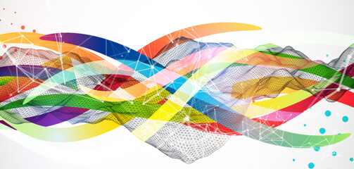 Leinwandbilder - Abstract wireframe wave with colored lines in wave style. Plexus effect. Hand drawn vector.