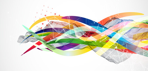 Leinwandbilder - Abstract wireframe wave with colored lines in wave style. Plexus effect. Hand drawn vector.