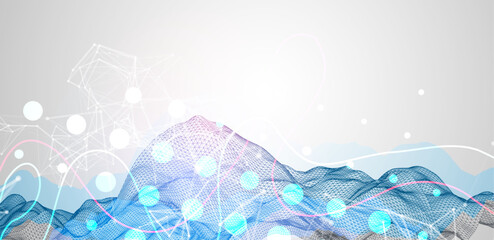 Leinwandbilder - Abstract frame wave with colored spots on it and curved lines. Plexus effect. Hand drawn vector.
