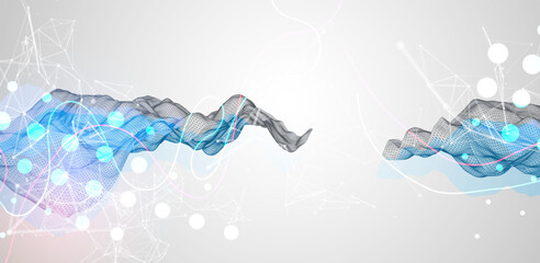 Leinwandbilder - Abstract frame wave with colored spots on it and curved lines. Plexus effect. Hand drawn vector.