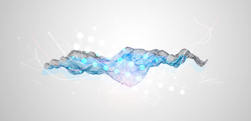 Leinwandbilder - Abstract frame wave with colored spots on it and curved lines. Plexus effect. Hand drawn vector.