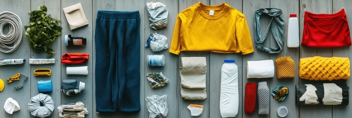 Aufkleber - A vibrant arrangement of recycled and upcycled clothing items and materials, highlighting creativity and eco-friendly practices on a wooden surface. Generative AI