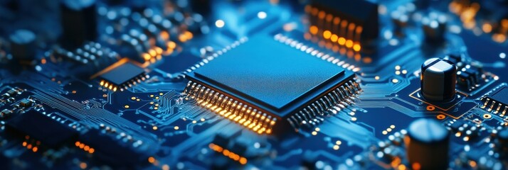 Fototapete - A detailed view showcases a microprocessor surrounded by complex gears on a circuit board lit by vibrant blue LEDs, emphasizing technology. Generative AI