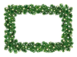 Wall Mural - Christmas wreath with glowing Christmas lights. Christmas tree decoration. Holiday fir tree garland. Festive winter season frame, realistic spruce branches. Transparent background in vector file.