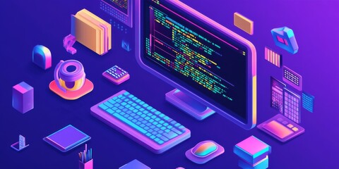 This image shows the idea of creating software or games using computer code. It uses 3D symbols and windows to represent the process of programming. It's about the world of computers and technology.