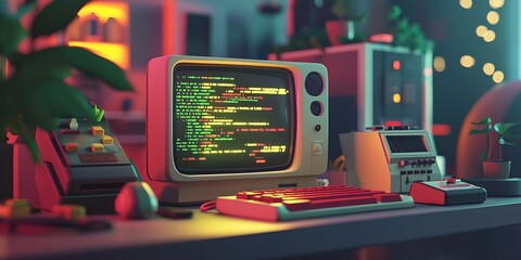 This image shows the idea of creating software or games using computer code. It uses 3D symbols and windows to represent the process of programming. It's about the world of computers and technology.