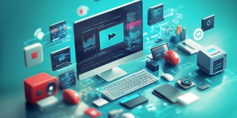 This image shows the idea of creating software or games using computer code. It uses 3D symbols and windows to represent the process of programming. It's about the world of computers and technology.